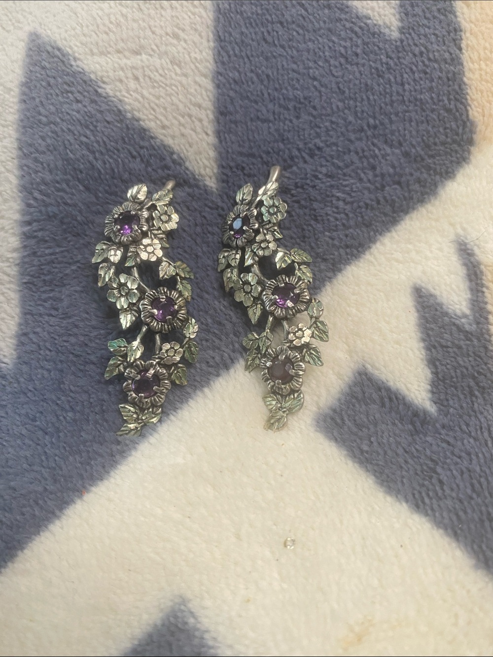 Vintage Silver Cloud Sterling 925 Amethyst Floral Drop Earrings Pair